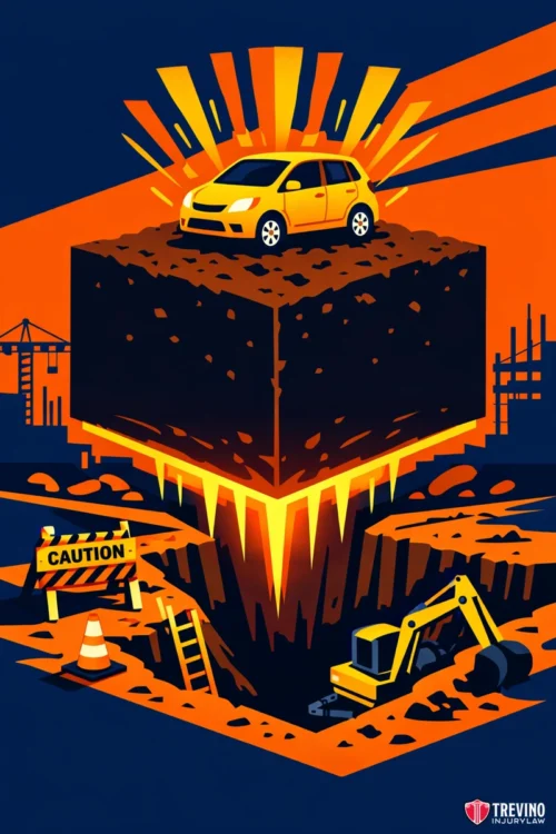 Proving General Contractor Negligence Through OSHA Trenching Violations in Bexar County. A yellow car sits atop a glowing, elevated dirt cube above a deep construction pit. Orange rays shine behind the car. Below, a digger, ladder, traffic cone, and caution sign are visible, with city buildings silhouetted in the background.