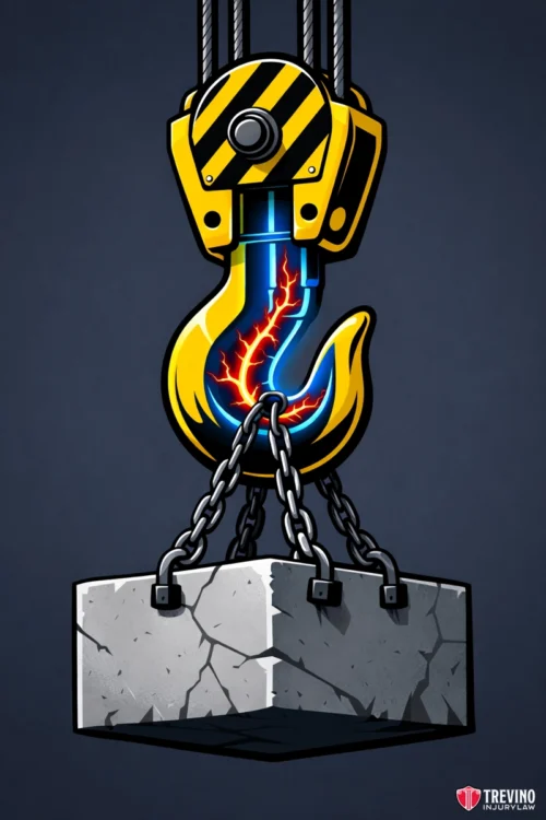 Proving Mechanical Failure and Defective Equipment. A large industrial yellow crane hook with blue electrical cracks and glowing lines runs through it, lifting a cracked concrete block by four chains. The dark background emphasizes the hook’s damaged, electrified appearance. Trevino Injury Law logo in corner.