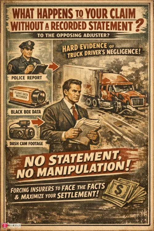 Recorded-statement. A vintage-style poster shows a truck accident, police officer, black box data, dash cam footage, and a man holding papers. Text warns that without a recorded statement, insurers face facts and can’t manipulate claims; evidence includes reports, data, and footage.