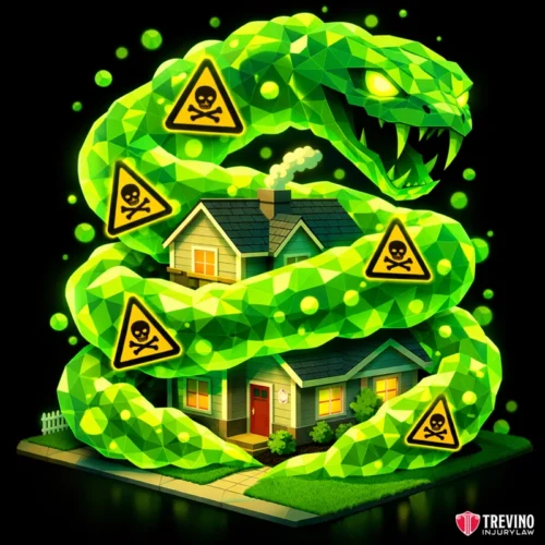 Recreational Environmental and Animal Related Hazards. A large, glowing green snake with hazard symbols wraps around a house at night, symbolizing danger. Smoke rises from the chimney. The snake’s mouth is open menacingly. The Trevino Injury Law logo is in the bottom right corner.