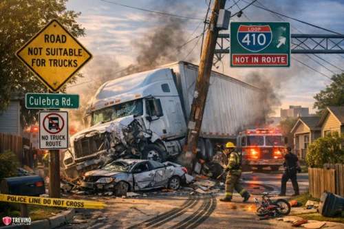 Roads-18-wheeler. A large white semi-truck has crashed into a small silver car and a utility pole on a residential street. Debris is scattered, and firefighters work nearby. Police tape, warning signs, and a child’s bike are visible. Emergency vehicles and flashing lights are in the background.