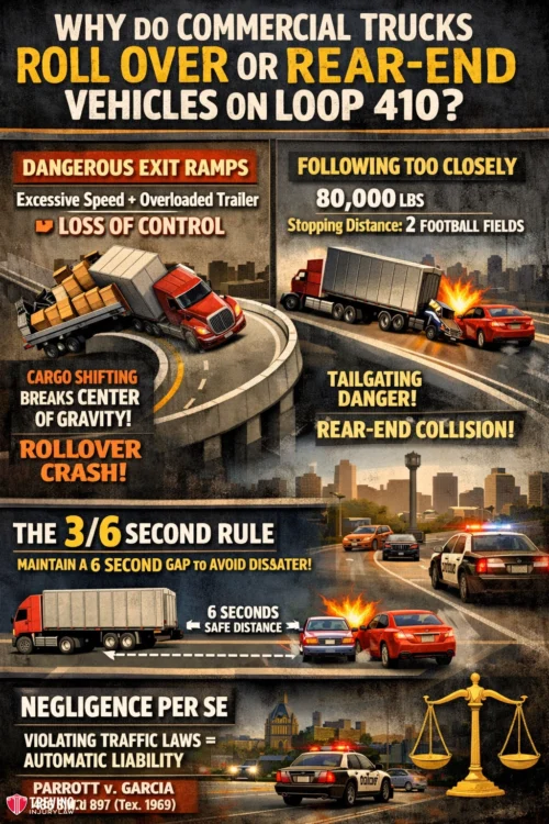 Roll-over-or-rear-end-vehicles. An infographic explains why commercial trucks roll over or rear-end vehicles on Loop 410. It highlights dangers like excessive speed, overloaded trailers, tailgating, and sudden stops. Visuals include trucks in accidents and key safety rules, with bold titles and warning symbols.