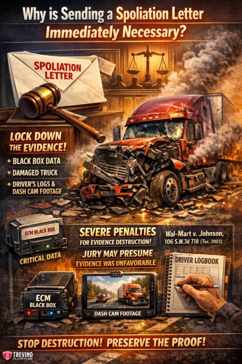 Spoliation-letter-immediately-neccesary A dramatic illustration shows a wrecked red truck, legal documents, black boxes, dash cam footage, and a gavel, with bold text urging immediate spoliation letters to preserve crash evidence, highlighting penalties for lost evidence and the need to stop destruction.