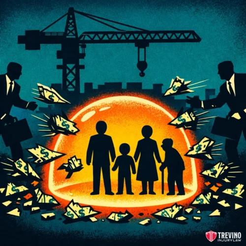 Statutory Beneficiaries in Texas Wrongful Death Construction Claims. A family stands sheltered under a glowing orange dome while businessmen with briefcases toss money and legal documents at the dome; a crane and city buildings appear in the background. The logo “Trevino Injury Law” is visible in the bottom right corner.