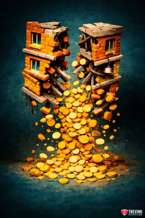 Structural Failures and Deferred Maintenance Defects. Two damaged, crumbling brick buildings lean apart, with golden coins pouring out from the breaking structures, scattering onto the ground. The background is dark blue, and there is a small "Trevino Injury Law" logo in the bottom right corner.
