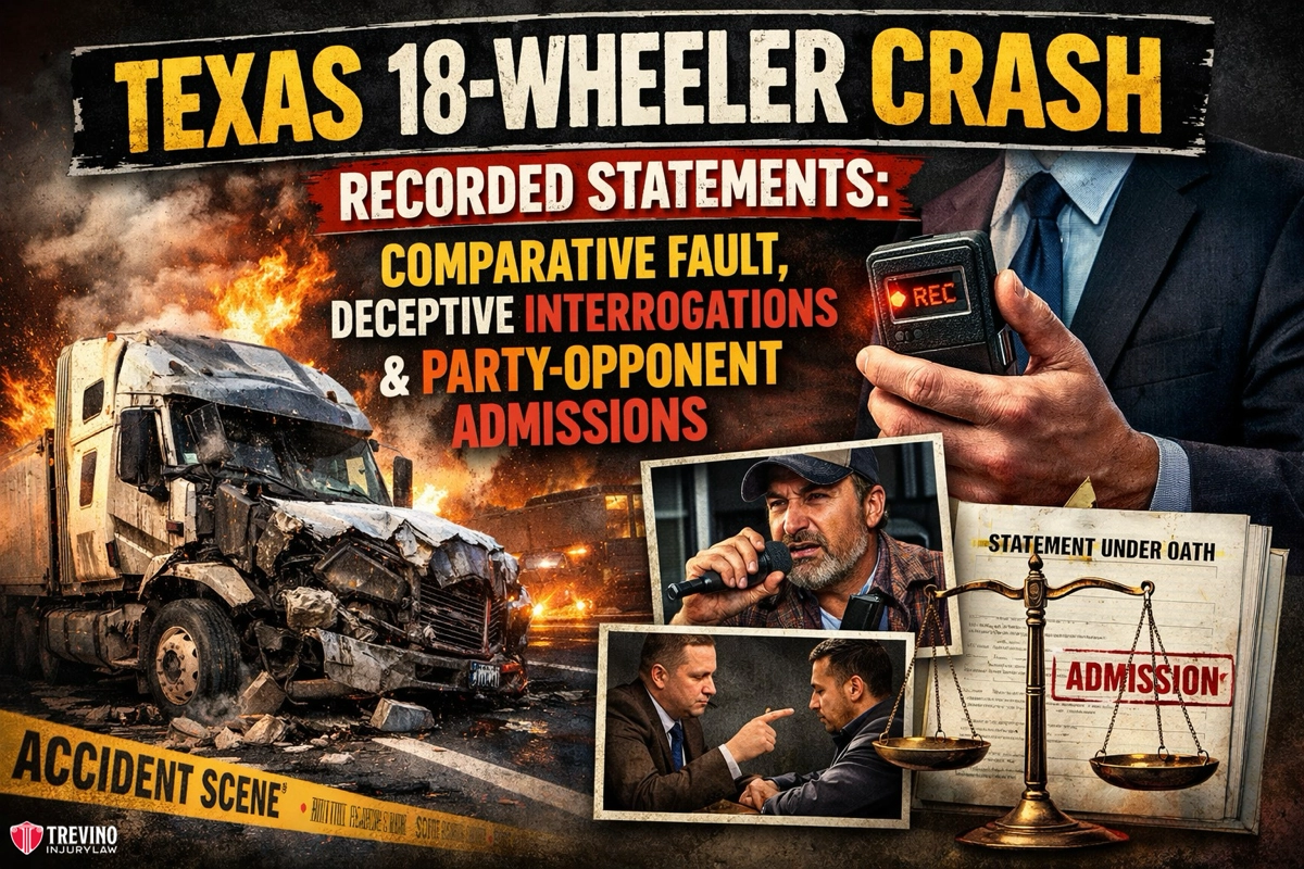 Texas-18-Wheeler-Crash-Recorded-Statements. A damaged 18-wheeler at an accident scene. Large yellow headline reads “Texas 18-Wheeler Crash.” Graphics show a man holding a recorder, a man in a cap speaking, two men arguing, and scales of justice. Text highlights recorded statements and legal terms.