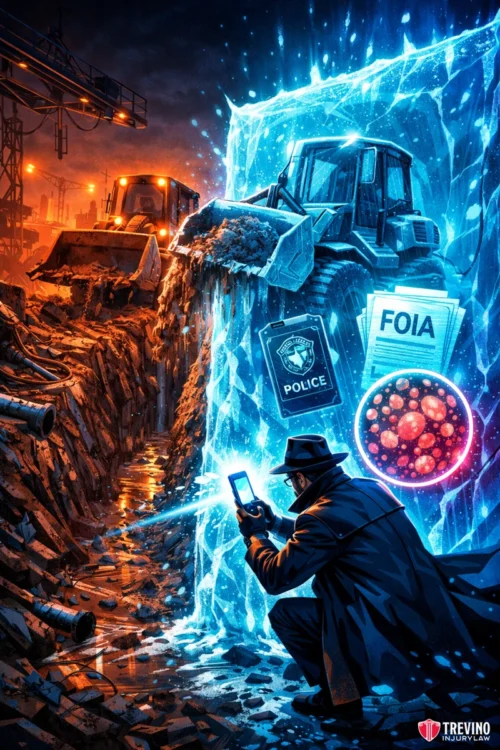 The Critical 48 Hours Defeating Spoliation and Preserving Job Site Evidence. A detective crouches in rubble, photographing a glowing icy wall that encases a bulldozer, police badge, FOIA papers, and a petri dish. Behind him, construction vehicles work under orange lights. The scene suggests hidden evidence and investigation.