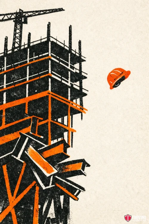 The Primary Mechanisms of Fatal Construction Accidents in Texas. An illustration of a tall, partially constructed building with scaffolding and a crane in the background. A bright orange hard hat is falling mid-air, emphasizing the dangers of construction work. The color palette is limited to orange, black, and beige.