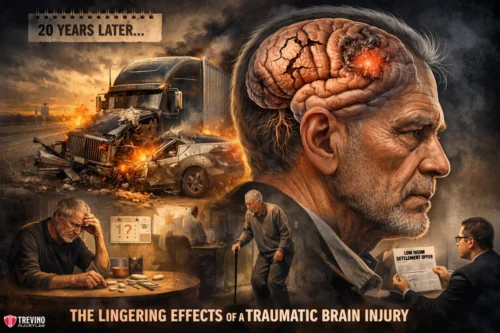 Traumatic-brain-injury-18-wheeler-accident. A somber image shows an older man with a visible, injured brain and scenes of a car-truck crash, sadness, pills, and a lawyer holding a settlement paper. Text reads, "20 Years Later... The lingering effects of a traumatic brain injury.