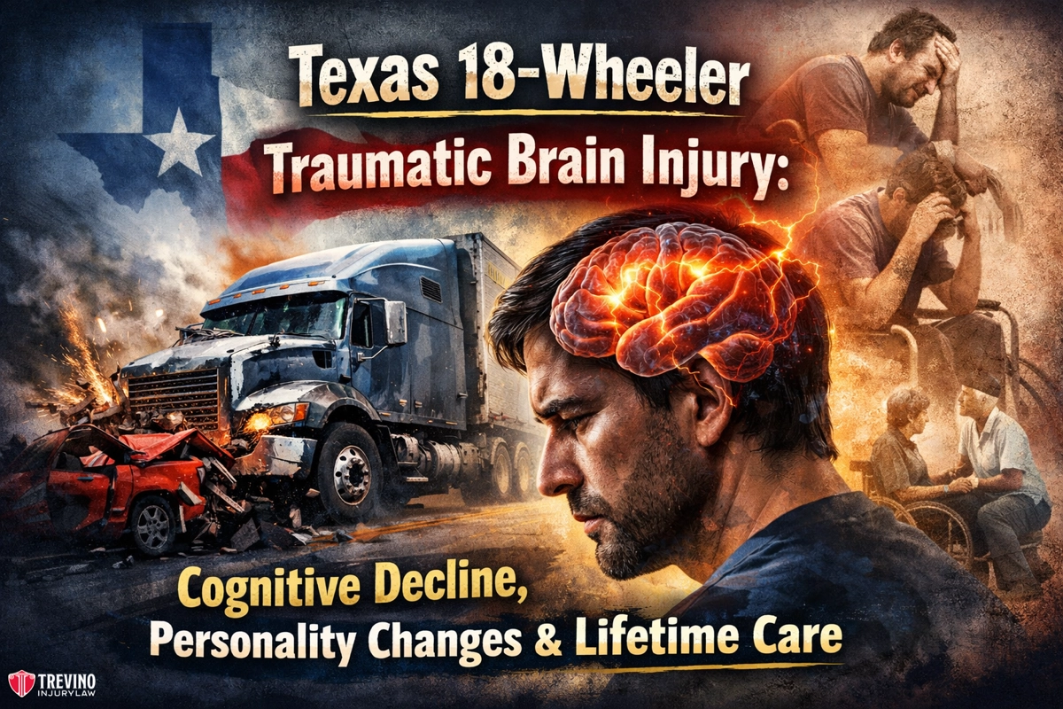 Traumatic-brain-injury-18-wheeler. An illustration shows a distressed man with a glowing brain injury, a crashed 18-wheeler truck, and people struggling with mobility and emotions. Text reads: "Texas 18-Wheeler Traumatic Brain Injury: Cognitive Decline, Personality Changes & Lifetime Care.