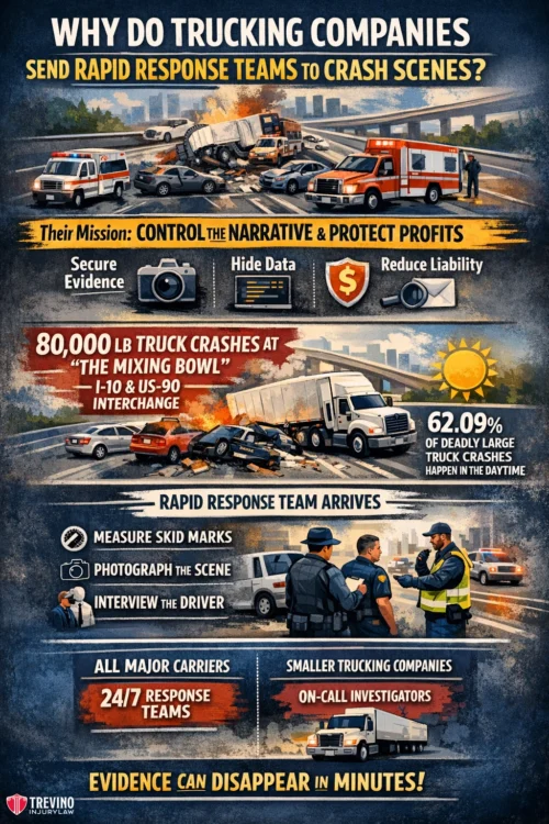 Trucking-companies-send-rapid-response. Infographic showing trucking crash scenes, emergency responders, and trucks. Text explains that rapid response teams are sent by trucking companies to control the narrative, hide data, and reduce liability after crashes, highlighting statistics, team actions, and 24/7 response availability.