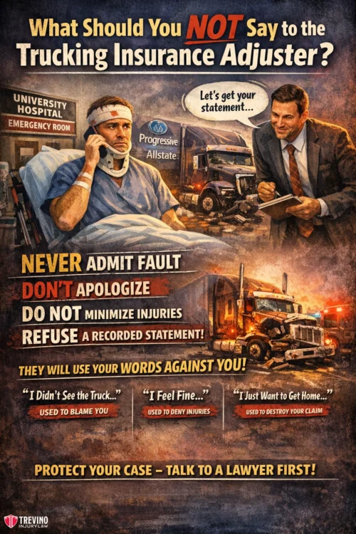 Trucking-insurance-adjusters. A worried man with a head bandage speaks on the phone in a hospital bed, while a smiling man in a suit holds a recorder and insurance documents. Below, four scenes show truck crashes and key warnings: never admit fault, don’t apologize, or minimize injuries.