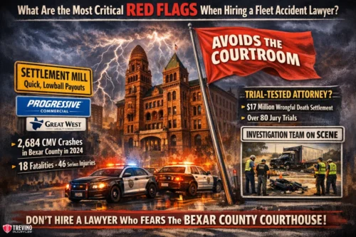 What-Are-the-Most-Critical-Red-Flags-When-Hiring-a-Fleet-Accident-Lawyer. An illustrated ad warns against hiring fleet accident lawyers who avoid court. It shows a historic courthouse, police at a truck crash scene, and mentions low settlements, insurance logos, accident stats, and emphasizes not hiring lawyers afraid of the Bexar County Courthouse.