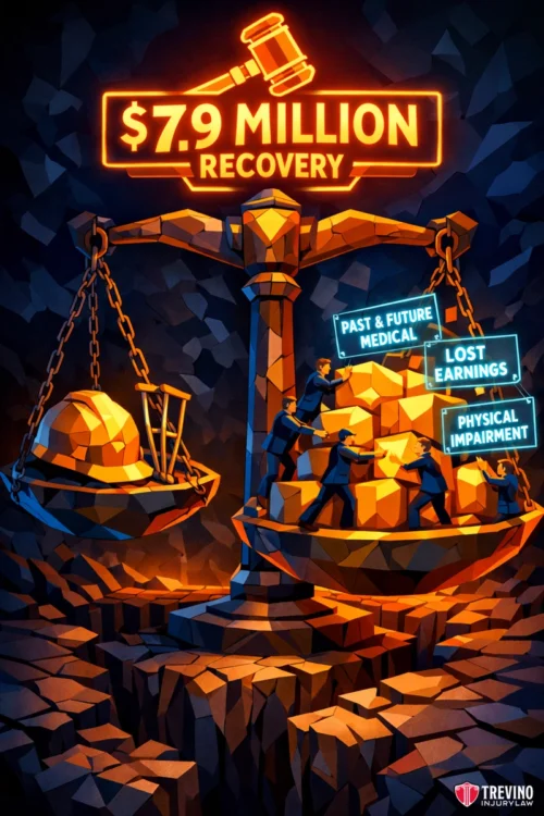 What Compensation Is Available for Trench Cave In Injuries and Wrongful Death? A glowing $7.9 million recovery sign balances a scale. On one side, gold bars and people hold signs: Past & Future Medical, Lost Earnings, Physical Impairment. The other side is empty, highlighting the legal victory. Cracked ground and dramatic lighting create intensity.