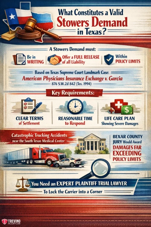 What-Constitutes-a-Valid-Stowers-Demand-in-Texas. Infographic explaining a valid Stowers Demand in Texas: must be in writing, offer full release, within policy limits, with clear terms, reasonable time, and life care plan; highlights trucking accidents, damages exceeding limits, and need for expert plaintiff trial lawyer.