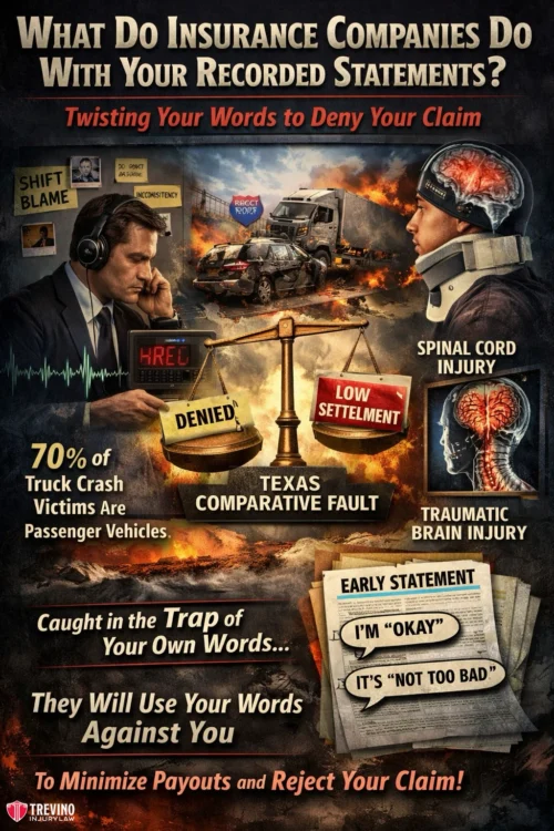 What-Do-Insurance-Companies-Do-With-Your-Recorded-Statements. A split image shows a man in a suit with a headset speaking, a woman in a neck brace, and a crash scene with wrecked trucks. Bold text warns that insurance companies twist recorded statements to deny claims, with visuals of "Denied," "Low Settlement," and injury types.