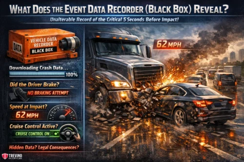 What-Does-the-Event-Data-Recorder-Black-Box-Reveal. A graphic shows a car crashing into a truck at 62 MPH. A black box device is pictured, with text explaining it records crash data: speed, braking, and cruise control status. Meters indicate "No Braking Attempt" and cruise control was on. Text mentions legal consequences.