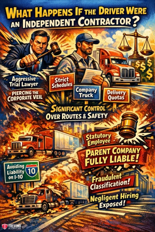 What-Happens-If-the-Driver-Were-an-Independent-Contractor A dramatic illustration showing a lawyer confronting a truck driver. Text highlights risks of making drivers independent contractors—strict schedules, company truck, delivery quotas. Icons show scales, money, gavel, and a semi-truck. Safety control and company liability are emphasized.