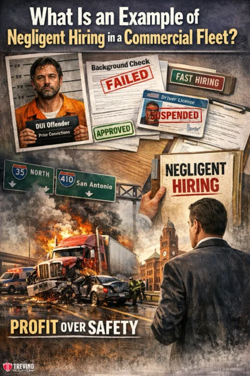 What-Is-an-Example-of-Negligent-Hiring-in-a-Commercial-Fleet A collage shows a stressed man labeled “DUI Offender,” failed background check, suspended license, and burning semi-truck crashing near a San Antonio road sign. A man in a suit watches the scene. Bold text reads: “Negligent Hiring / PROFIT OVER SAFETY.”.