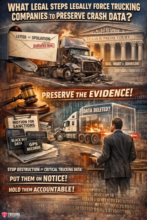 What-Legal-Steps-Legally-Force-Trucking-Companies-to-Preserve-Crash-Data. A collage illustrating legal steps to preserve trucking crash data: a wrecked semi-truck, courthouse, certified letter, judge’s gavel, motion for sanctions, black box and GPS records, a lawyer examining a truck, and bold text urging to preserve evidence and hold companies accountable.