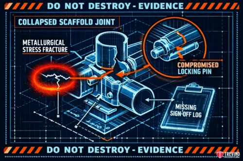What Physical Evidence Proves a Scaffold Was Improperly Erected? Blueprint-style diagram showing a collapsed scaffold joint. Highlights point to a metallurgical stress fracture, a compromised locking pin, and a missing sign-off log on a clipboard. Bold "DO NOT DESTROY - EVIDENCE" borders the image.