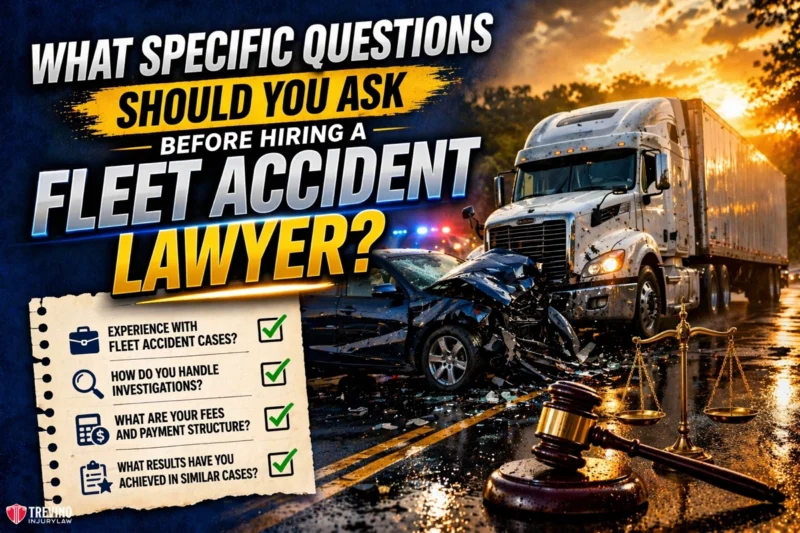 A large white semi-truck and a black car collide on a wet road at sunset, with police cars and flashing lights in the background. A checklist titled "Questions to Ask Fleet Accident Lawyer" detailing four key questions appears on the left.