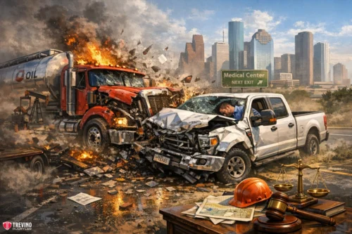 What-happens-if-an-oilfield-truck-crash-involves-a-non-commercial-company-vehicle. A fiery collision between a red oil tanker and a white pickup truck unfolds on a city road; flames and smoke billow. The truck driver slumps over the wheel. In the foreground, a desk displays a hard hat, law books, a gavel, and architectural plans. Houston skyline behind.