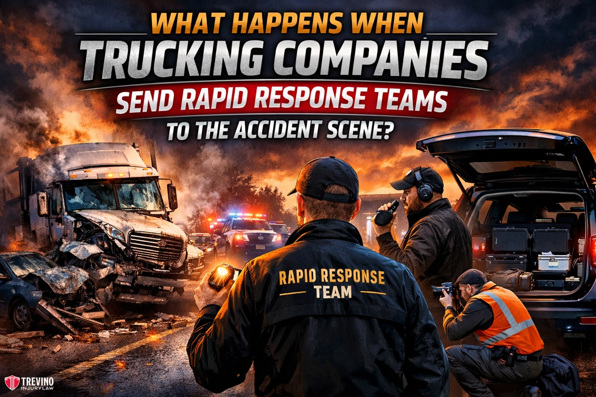 What-happens-when-trucing-companies-send-rapid-response-teams. At a chaotic nighttime crash scene, a jackknifed semi-truck and damaged cars are surrounded by smoke, police, flashing lights, and responders. In the foreground, a “Rapid Response Team” works beside an open SUV. Bold text covers the top of the image.