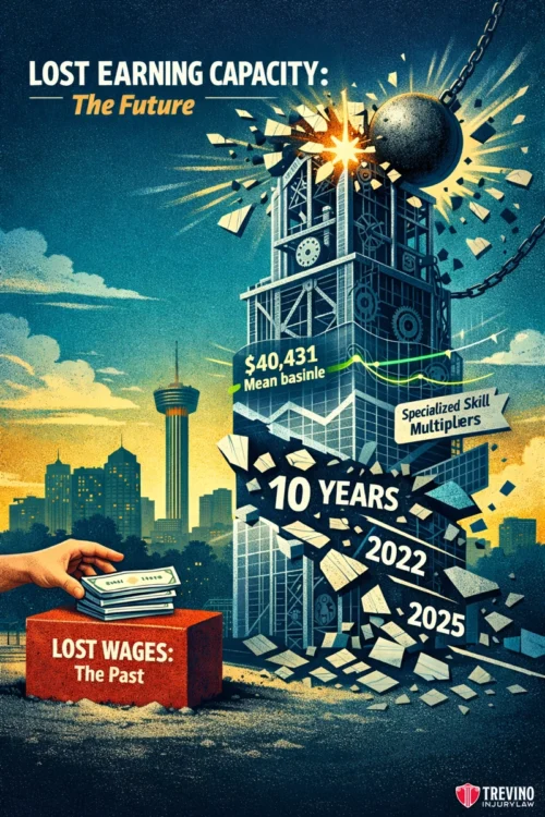 What is the legal difference between lost wages and lost earning capacity in Texas? A hand places money in a red box labeled "Lost Wages: The Past." Above, a clock tower labeled with years (2022, 2025, 10 Years) is struck by a wrecking ball. Signs read "$40,431 Mean Damage" and "Specialized Skill Multipliers." A city skyline and tower are in the background.