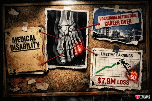 What specific evidence proves a loss of future earning capacity to a Bexar County jury? A bulletin board displays papers reading "MEDICAL DISABILITY," an X-ray of a foot with severe damage, "VOCATIONAL RESTRICTION: CAREER OVER" above a factory, and "LIFETIME EARNINGS $7.9M LOSS" with a downward graph. Treviño Injury Law logo is at the bottom.