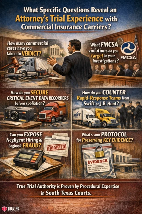 What-specific-questions-reveal-an-attorney-experience. An illustrated legal poster shows a lawyer addressing a jury, trucks, evidence boxes, and documents. It asks specific questions about trial experience with commercial insurance carriers, highlighting skills like securing evidence, targeting FMCSA violations, countering teams, and exposing negligence.