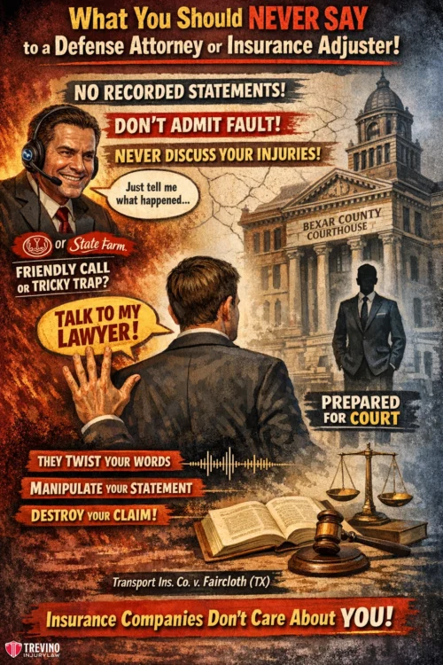 What-you-should-never-say-to-a-defense-attorney .Illustrated legal advice poster with a suited man on phone, courthouse, and legal symbols. Text warns: don’t record statements, admit fault, or discuss your injuries; talk to your lawyer. Highlights risks: words twisted, claim destroyed, insurers don’t care about you.