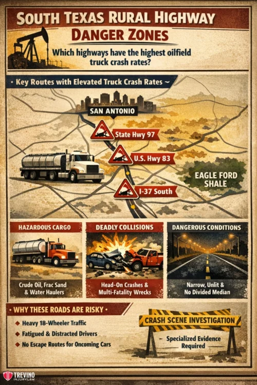 Which-South-Texas-rural-highways-have-the-highest-oilfield-truck-crash-rates. Infographic titled “South Texas Rural Highway Danger Zones” shows maps, truck, and icons. Highlights highways near San Antonio (State Hwy 97, U.S. Hwy 83, I-37) with high oilfield truck crash rates. Lists hazards: heavy truck traffic, hazardous cargo, narrow roads, and deadly collisions.