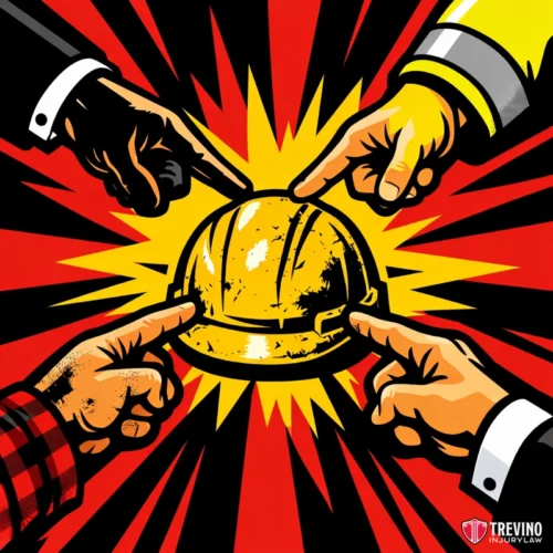 Who Is Liable for Construction Accidents in Texas? Four illustrated hands, each from a differently dressed person, point at a yellow construction hard hat in the center. The background is a dramatic red with yellow burst lines. The image includes the Trevino Injury Law logo in the bottom right corner.