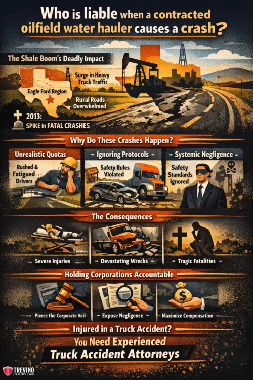 Who-is-liable-when-a-contracted-oilfield-water-hauler-causes-a-crash. Infographic on oilfield truck crashes: a damaged road, oil rigs, trucks, and warning signs highlight increased accidents from oilfield water haulers. Lists causes, deadly consequences, and urges contacting truck accident attorneys for help. Bold, urgent design with icons.