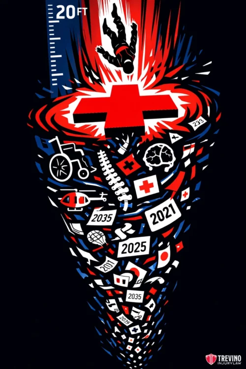 Why Do High Elevation Fall Damages Require Extensive Life Care Planning? A person falls from a height above a red cross, spiraling into a vortex of medical symbols, icons, and years (2021, 2025, 2035). The scene uses bold red, white, and blue colors on a black background, conveying a sense of chaos or crisis in healthcare.
