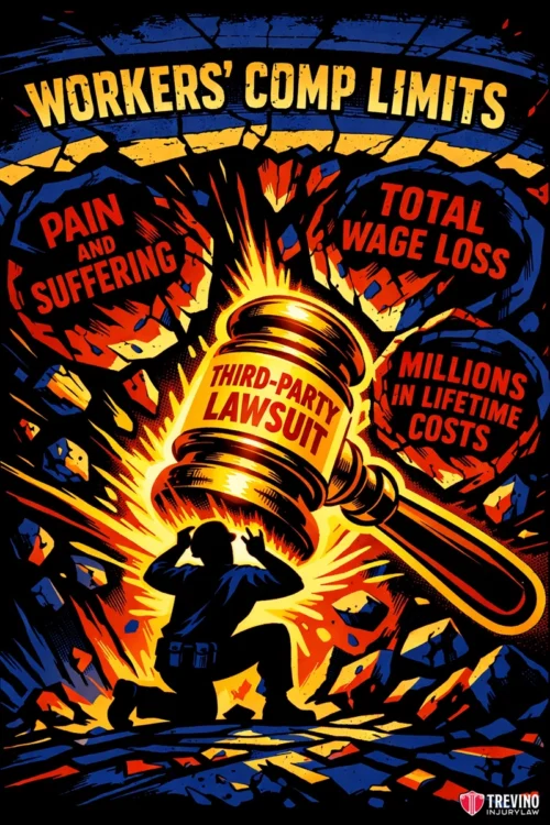 Why Do Scaffolding Fall Injuries Frequently Exceed Workers Compensation Limits? A large gavel labeled "Third-Party Lawsuit" crashes down, shattering the ground. Around it, bold red text reads: "Pain and Suffering," "Total Wage Loss," and "Millions in Lifetime Costs." A person below shields themselves. “Workers’ Comp Limits” is in yellow at the top.
