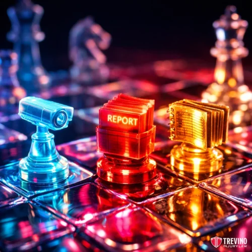 Why Does the Accident Classification Dictate Your Legal Investigation Strategy? A colorful chessboard displays three unique chess pieces: a blue camera, a red stack of files labeled "REPORT," and a golden notepad. Traditional chess pieces are blurred in the background. The Trevino Injury Law logo appears in the bottom right corner.