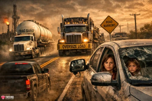 Why-are-Eagle-Ford-Shale-oilfield-trucks-so-dangerous-on-South-Texas-roads. A distressed woman and young girl sit in a battered car on a rural road. Two large trucks, one marked “OVERSIZE LOAD,” approach head-on, while another truck passes. The sky is dark and smoky, with industrial equipment in the background. A “ROAD NARROWS” sign is visible.