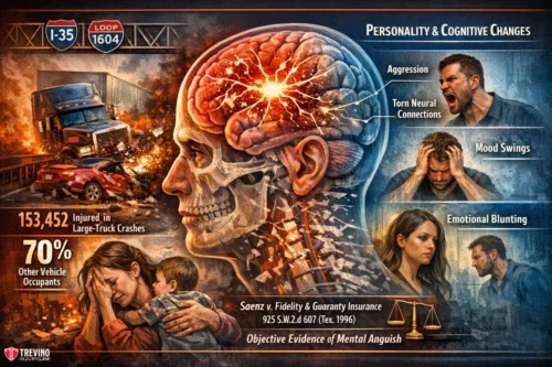 brain-injury-commercial-truck. Illustration of a human head with an exposed brain showing torn neural connections. Surrounding vignettes depict a truck crash, injured people, a man showing aggression, a woman with mood swings, and a man with emotional blunting, highlighting crash injury impacts.