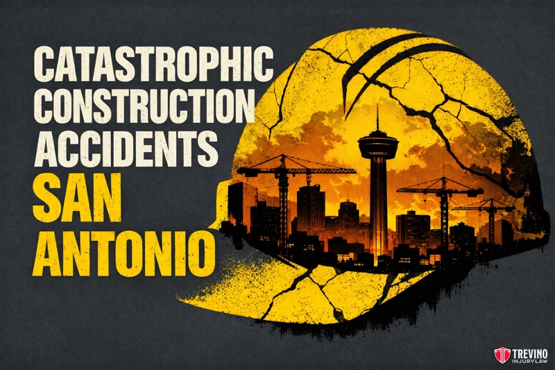 Catastrophic construction accidents San Antonio. A cracked yellow hard hat overlays a black city skyline with cranes and the San Antonio Tower. Large bold text reads, “Catastrophic Construction Accidents San Antonio.” Bottom right corner has a red heart logo labeled “Trevino Injury Law.”.