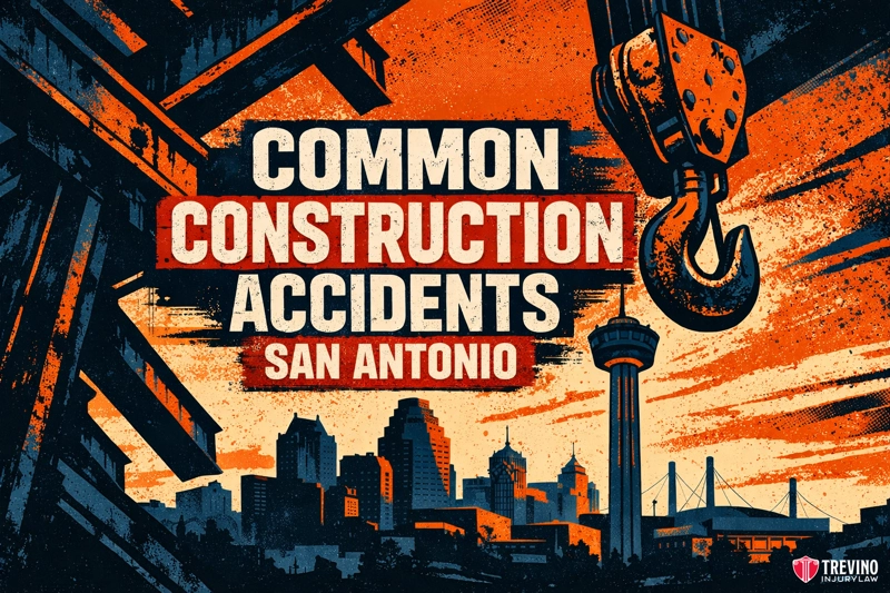 Common construction accidents San Antonio. An illustrated image with bold, distressed text: “Common Construction Accidents San Antonio.” The background shows a city skyline with construction beams, a crane hook, and the San Antonio Tower. Trevino Injury Law’s logo is at the bottom right corner.