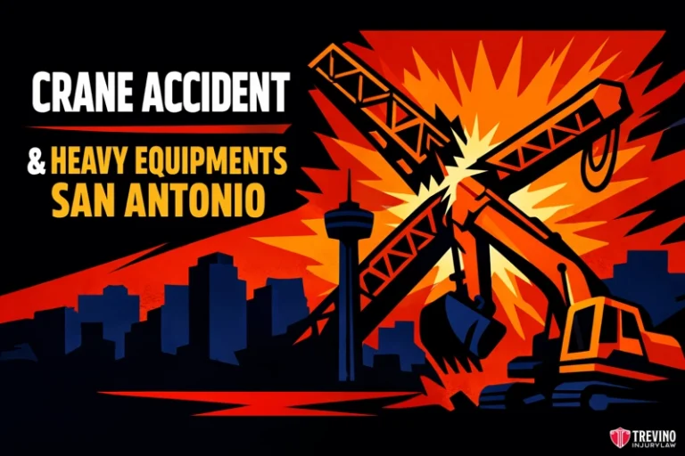 Crane accident and heavy equipments San Antonio. Illustration of a crane collapsing against a vivid orange and yellow explosion, set before a dark city skyline. Large white and yellow text reads, “Crane Accident & Heavy Equipments San Antonio.” Treviño Injury Law logo appears in the bottom right corner.