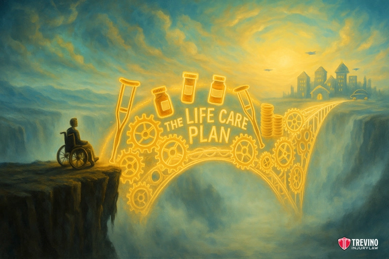 Life care plan San Antonio TX. A person in a wheelchair faces a glowing bridge made of gears, pills, coins, and crutches labeled “The Life Care Plan,” connecting two cliffs and leading toward a distant, sunlit town under a dreamy, golden sky.