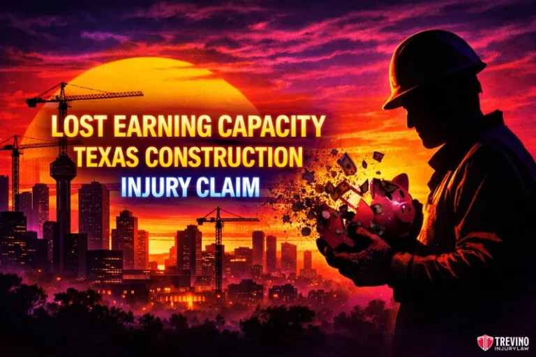 Lost earning capacity Texas construction injury claim. A silhouette of a construction worker holding a broken piggy bank stands before a sunset cityscape with cranes and buildings. Bold text reads: "Lost Earning Capacity Texas Construction Injury Claim." Trevino Injury Law’s logo appears in the corner.