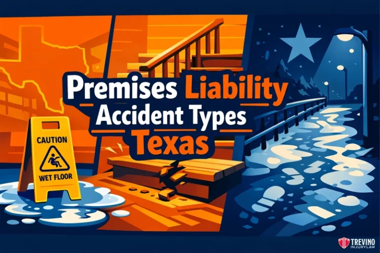 Premises liability accident types Texas. Illustration split in half: left side shows a wet floor caution sign and spilled liquid on orange stairs; right side shows an icy, snow-covered sidewalk at night. Bold text reads, “Premises Liability Accident Types Texas.” Trevino Injury Law logo is in the corner.