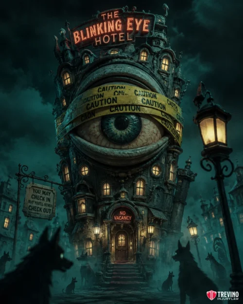 Are Hotels Liable for Assaults or Crimes on Their Property? A spooky hotel called “The Blinking Eye Hotel” with a giant realistic eye where windows should be, wrapped in caution tape. Dark, misty street with black cats, wolves, and lamplight. Signs read “You may check in but you’ll never check out” and “No vacancy.”.