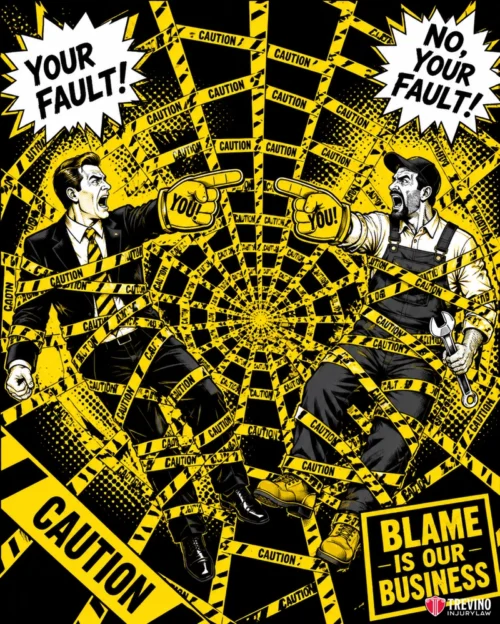 Are Independent Contractors and Maintenance Companies Liable for Hazards? Two men, one in a suit and one in work clothes, point accusingly at each other while shouting, "YOUR FAULT!" and "NO, YOUR FAULT!" They stand amid spiraling caution tape, with bold words: "CAUTION" and "BLAME IS OUR BUSINESS." The scene is black, yellow, and white.
