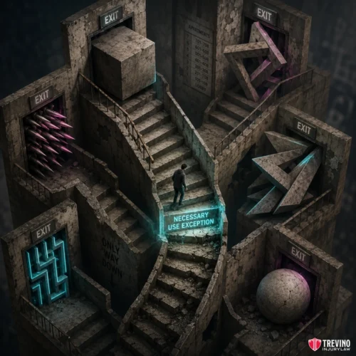 Can You Still Sue if You Knew About the Dangerous Condition Before the Injury? A person stands on stairs labeled "Necessary Use Exception" amid four blocked exits, each obstructed by surreal barriers: pink spikes, geometric shapes, a stone sphere, and glowing blue bars. The scene is dark with concrete textures and the mood is tense.