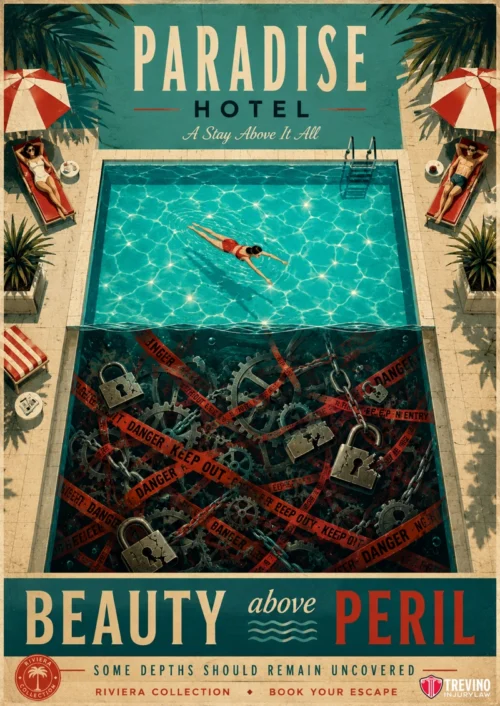 Can You Sue a Hotel for a Swimming Pool Injury? A woman floats on a pool raft, relaxing at a retro-styled hotel. Below the clear pool, a dark, dangerous pit with warning signs, debris, and chains is visible. The poster reads: "Paradise Hotel: Beauty above Peril. Some depths should remain uncovered.